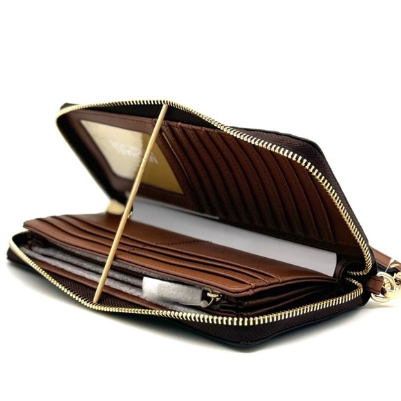 Michael Kors Large Travel Continental Wallet Wristlet Brown/Gold - Picture 8 of 10